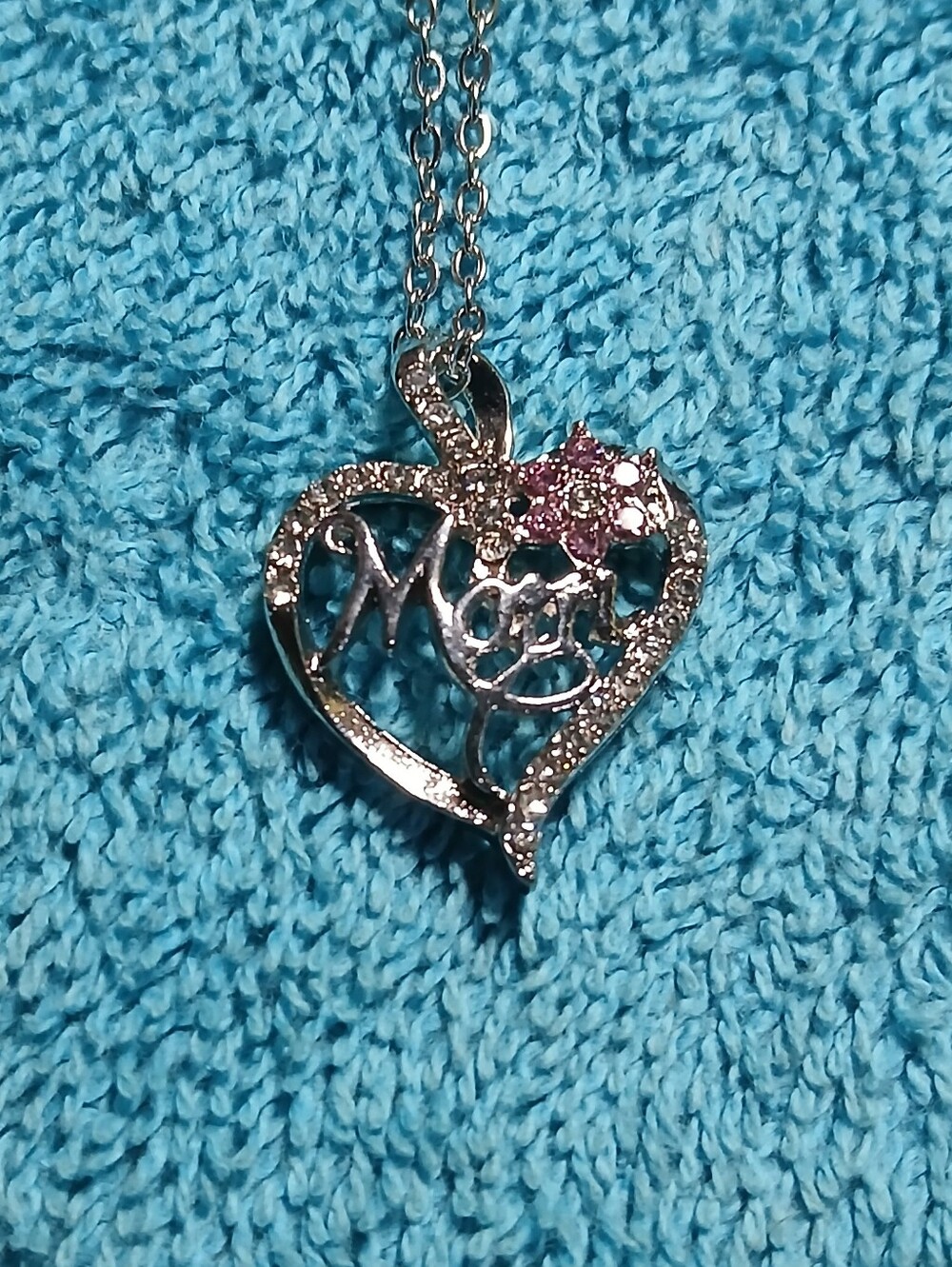 Silver Heart 'Mom' Pendant Necklace with Pink Accent Stones